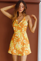 Champagne Showers Halterneck Slip Mini Dress Watercolor Floral Print Yellow
