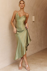 Morning Sun Cowl Neckline Asymmetrical Hem Midi Dress Olive