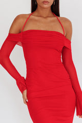 Numbers Game Off-Shoulder Halter Maxi Dress Red