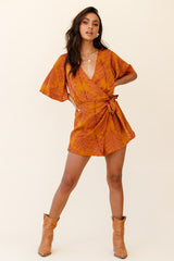 Nadi V-Neckline Wrap Romper Leaf Print Mustard