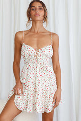 Josephina Lace-Up Front Cami Strap Mini Dress Floral Print White