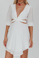 Sunshine Sweetie Cut-Out Waist Tie Feature Mini Dress White