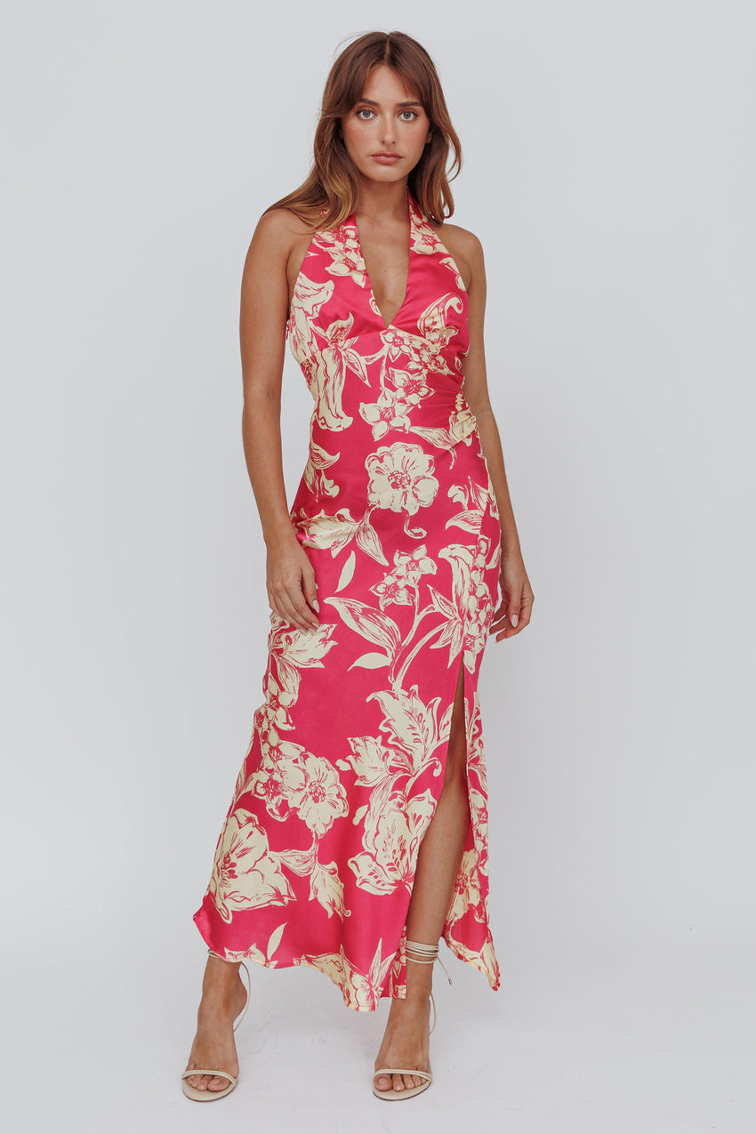 Brighter Days Halterneck Split Midi Dress Fuchsia