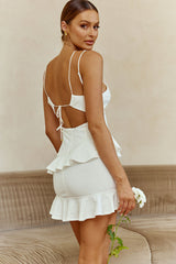 Moment Of Truth String-Tie Ruffle Trim Mini Dress White