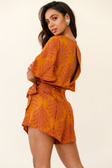 Nadi V-Neckline Wrap Romper Leaf Print Mustard