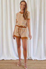 Johana Drawstring Romper Striped Camel