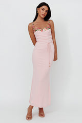 Rose Garden Floral Applique Laced Midi Dress Baby Pink