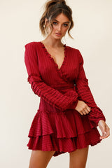 Neve Balloon Sleeve Layered Ruffle Hem Dress Wine