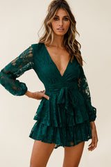 Maddox Fit & Flare Long Sleeve Romper Floral Lace Forest Green